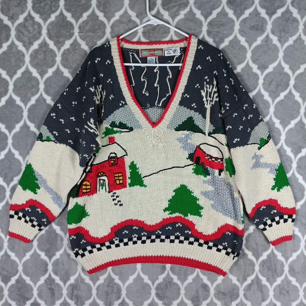 Cardigan Bay Sweater Womens XL Pullover Scenic Hand Knitted Christmas Village